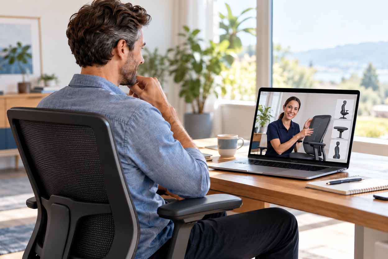 Kunde lässt sich am Laptop per Video-Beratung zu einem ergonomischen Bürostuhl beraten